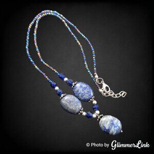 Blue Stone Y-drop Necklace Silver Tone Beaded Boho Style Glass Seed Beads
